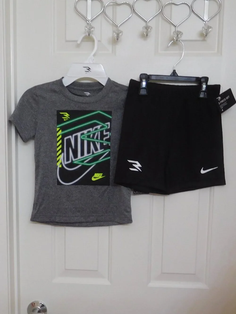 NWT 2pc Nike Gray Green Black Logo Shirt & Black Shorts Set sz 4